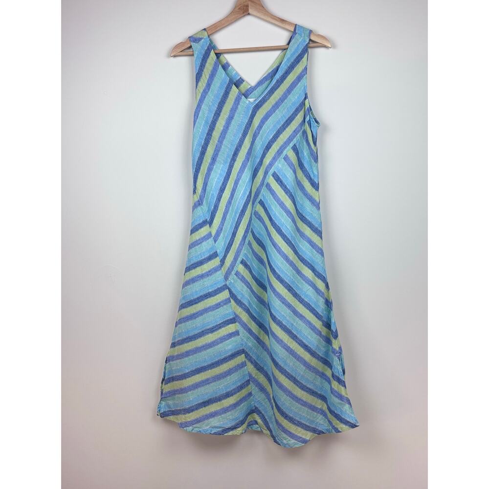 🩵 J. Jill Love Linen Striped Dress | Size Medium Petite | Blue Green